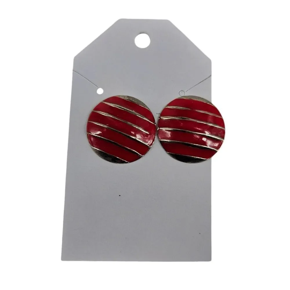 Vintage Red and Silver Stripes Stud Earrings